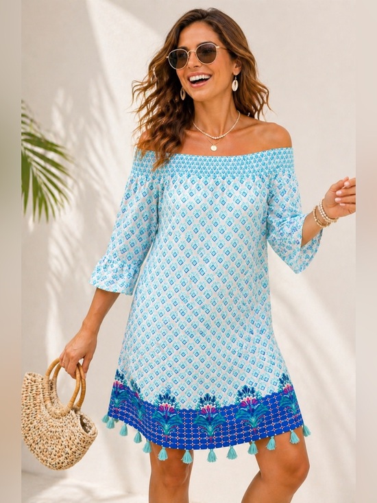 Cabana Life Other - NWT Cabana Life XL Blue and White Off-Shoulder Tassel  Dress Resort Beach UPF 50